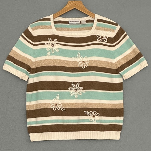 Vintage Womens Sweater PL Petite Aqua Brown Striped Floral Beads Cottage Grandma - Picture 1 of 10